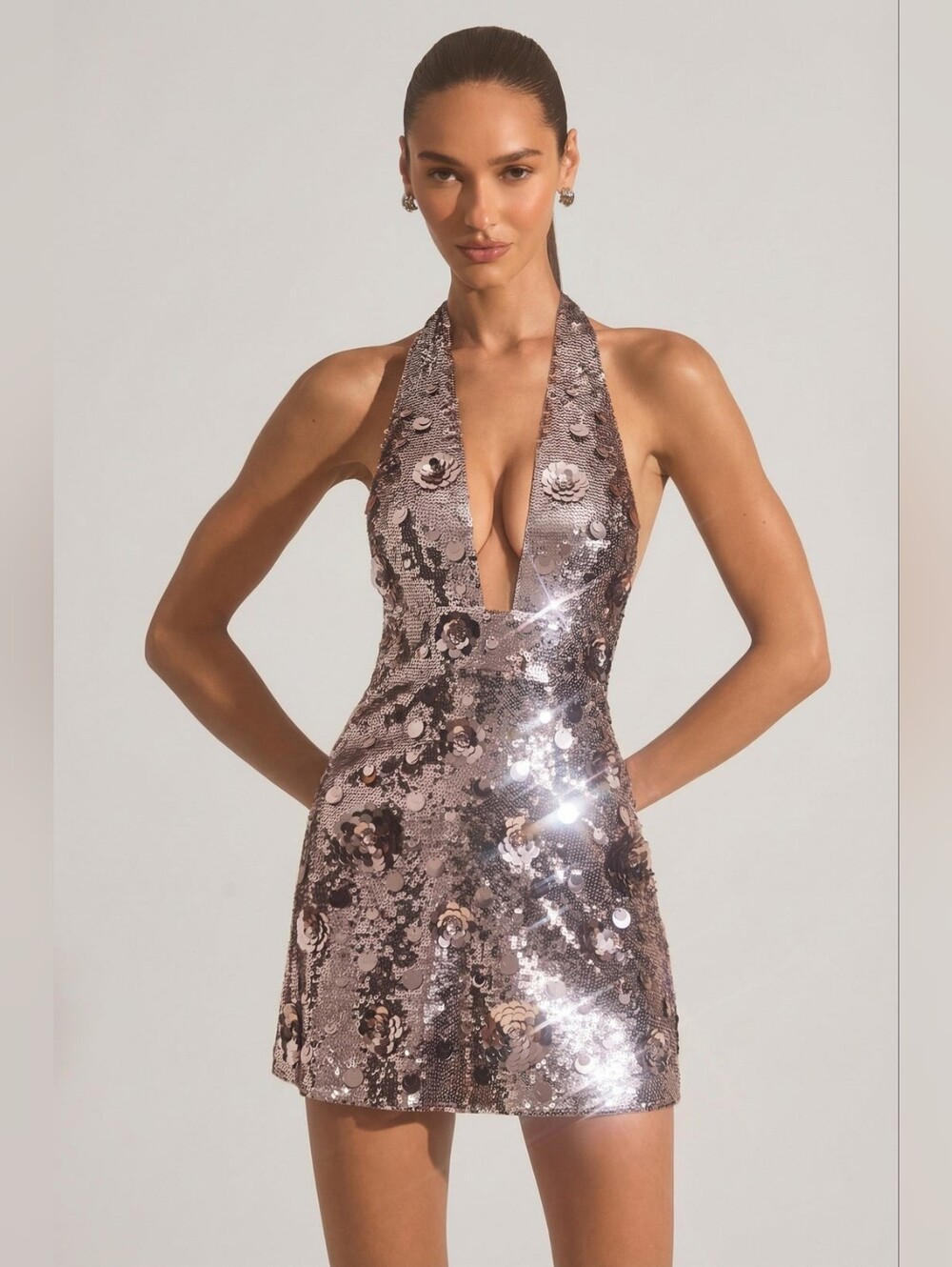 AvenzaSequin-Embellished Halterneck Mini Homecoming Cocktail Dress